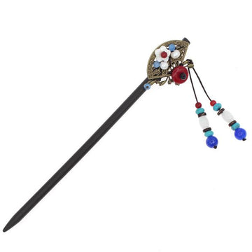 Wood Stick with Metal Fan Mother-of-Pearl Flower and Beaded Tassels